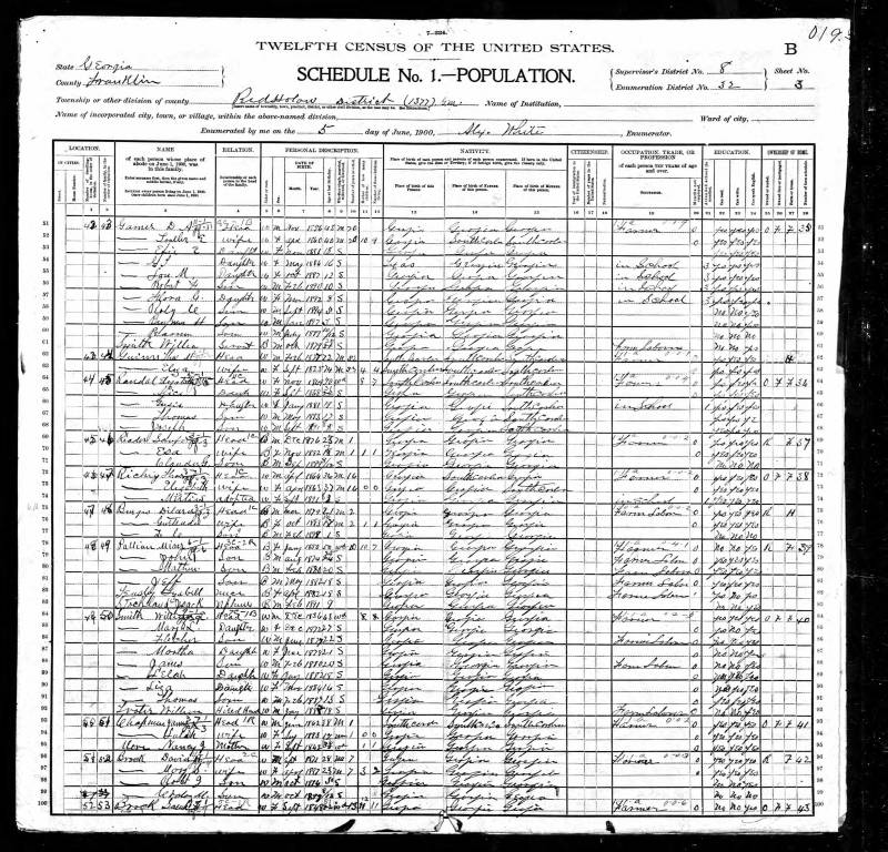 1900 U.S. Census. Elisabeth M. Randall's family begins on line 64.
