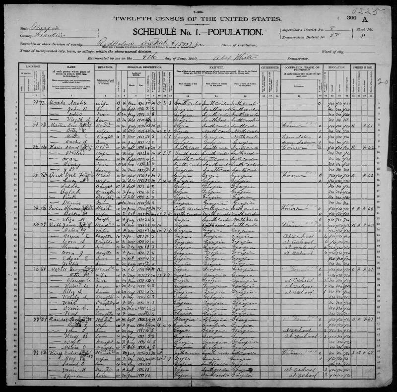"1900 United States Federal Census". Thomas W. Randal's family begins on line 40.