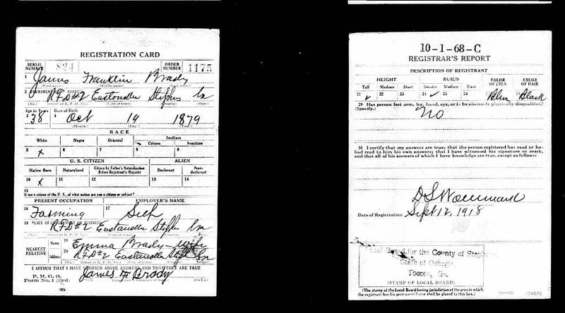 James Franklin Mealer Brady's WW I Draft registration card. Dated Sept. 12, 1918. Source: Registration State: Georgia; Registration County: Stephens; Roll: 1558567