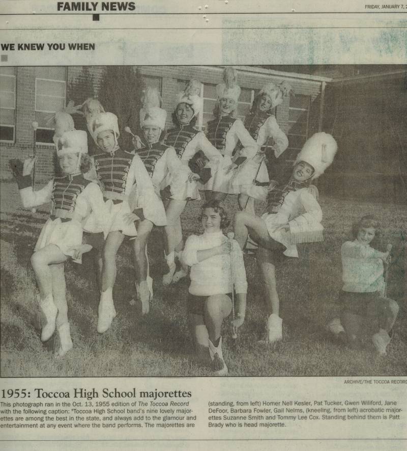 At age 17, Patt Brady was the Head Majorette at Toccoa High School. Also pictured (forefront) is Suzanne Smith, (through marriage became Suzanne Smith-Crow) who later taught [[richard_clarke_randall|Richard Clarke Randall's]] "English" class at Stephens County High School.