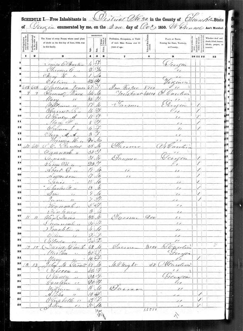 1850 United States Federal Census. O.C. Randal family begins at line 16.