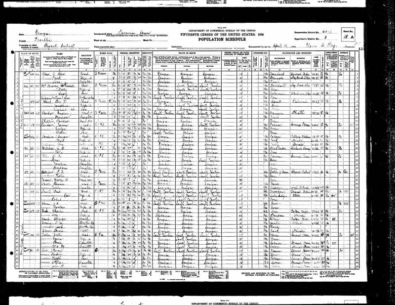 1930 U.S. Census. Eugenia Randall's family begins on line 11. Her son, Comer Randall, and his family lived next door... appearing on line 14.