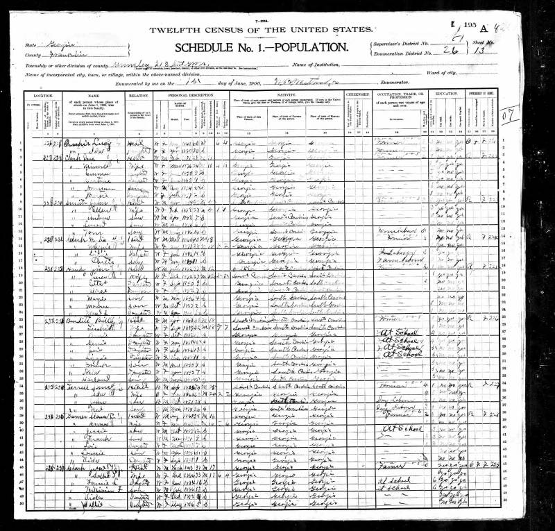 1900 U.S. Census. Jesse T.J. Clarke's family begins at line 45.