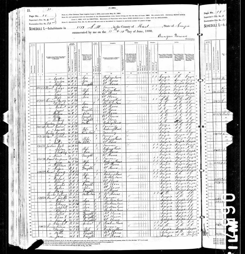 1880 U.S. Census. Joseph Maret's family begins on line 38.
