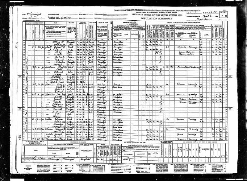 1940 U.S. Census. Newton Jasper Chunn's family begins on line 80.