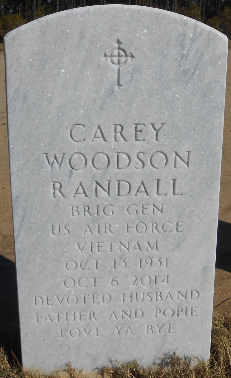 Tombstone for Brigadier General Carey Woodson "Woody" Randall, U.S. Air Force (Ret.), Oct. 13, 1931 - Oct. 6, 2014.