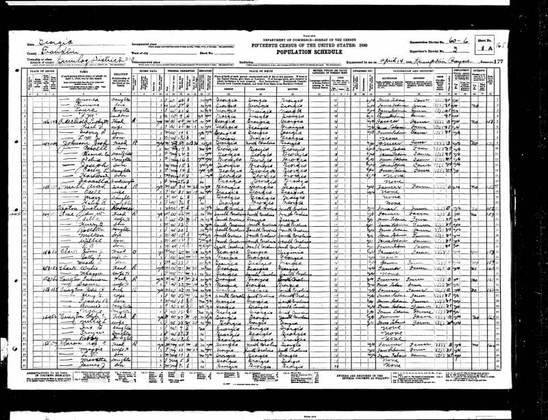 1930 U.S. Census. Jesse T.J. Clarke's family begins at line 29. Their neighbors during this census was Wylie & Maggie Clark (line 32).