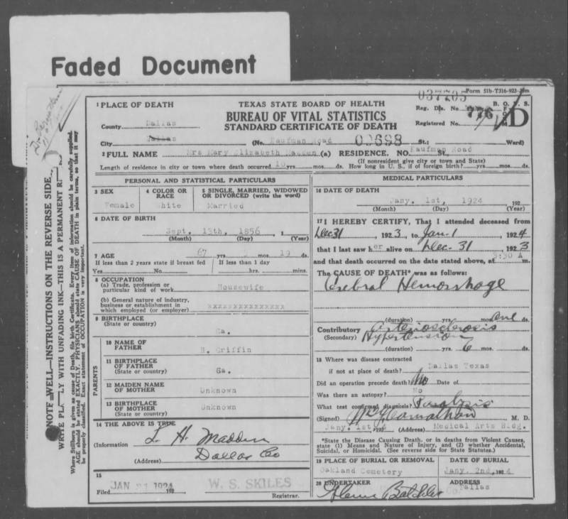 Death Certificate for Mary Elizabeth Griffin-Randall-Madden. Cause of death was recorded as "Cerebral Hemorrhage" due to arteriosclorosis and hypertension. This was diagnosed through "paralysis".