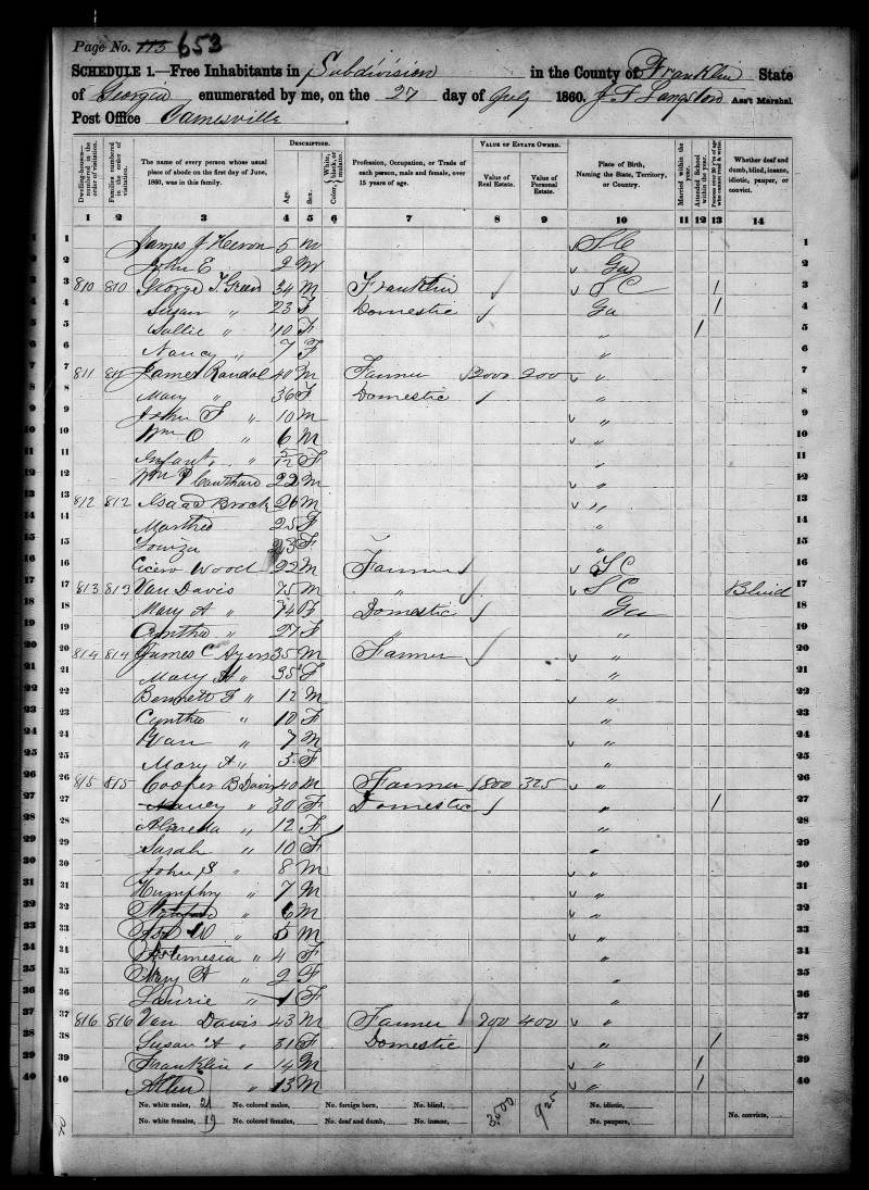 1860 United States Federal Census. James Randall's family begins on line 7.
