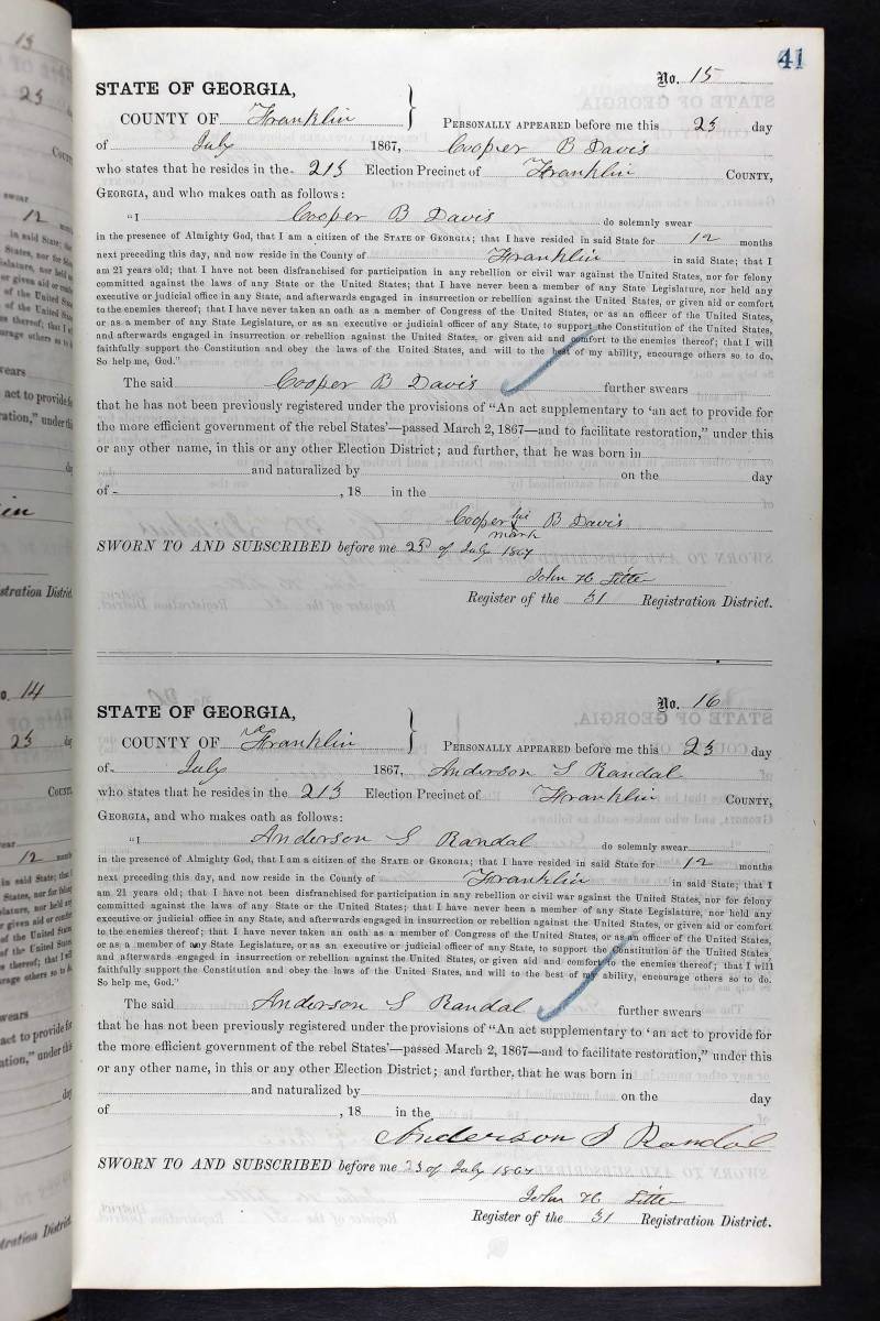Georgia, Returns of Qualified Voters and Reconstruction Oath Books, 1867-1869 for Anderson S. Randal (July 23, 1867).\\
Original data: Georgia, Office of the Governor. Returns of qualified voters under the Reconstruction Act, 1867. Georgia State Archives, Morrow, Georgia. Georgia, Office of the Governor. Reconstruction registration oath books, 1867, Georgia State Archives, Morrow, Georgia.