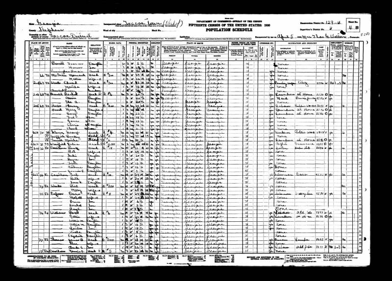 1930 U.S. Census. Wade Hampton "Hamp" Cawthon's family begins on line 73.