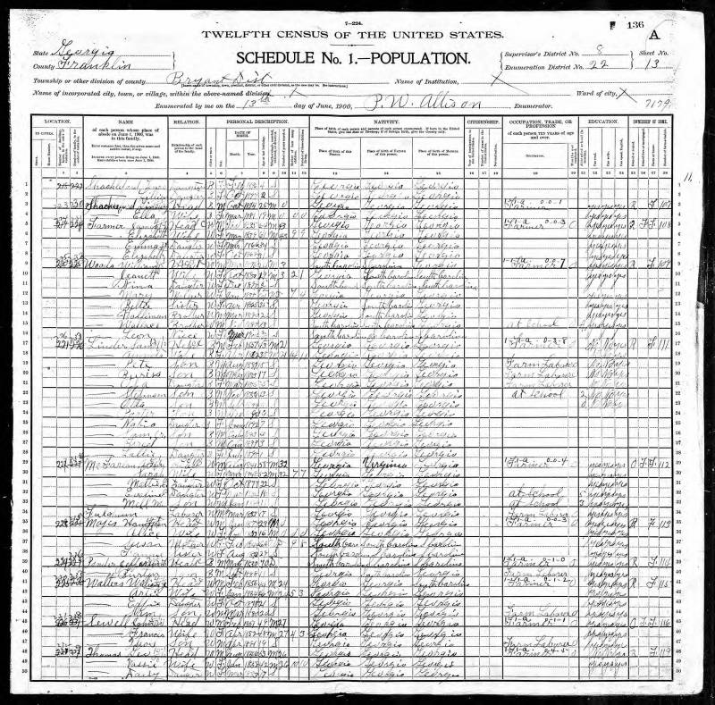 1900 United States Federal Census. James M. Farmer's family begins on line 5.