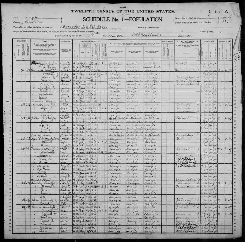 1900 U.S. Census. William (Billy) Randall's family begins at line 3.