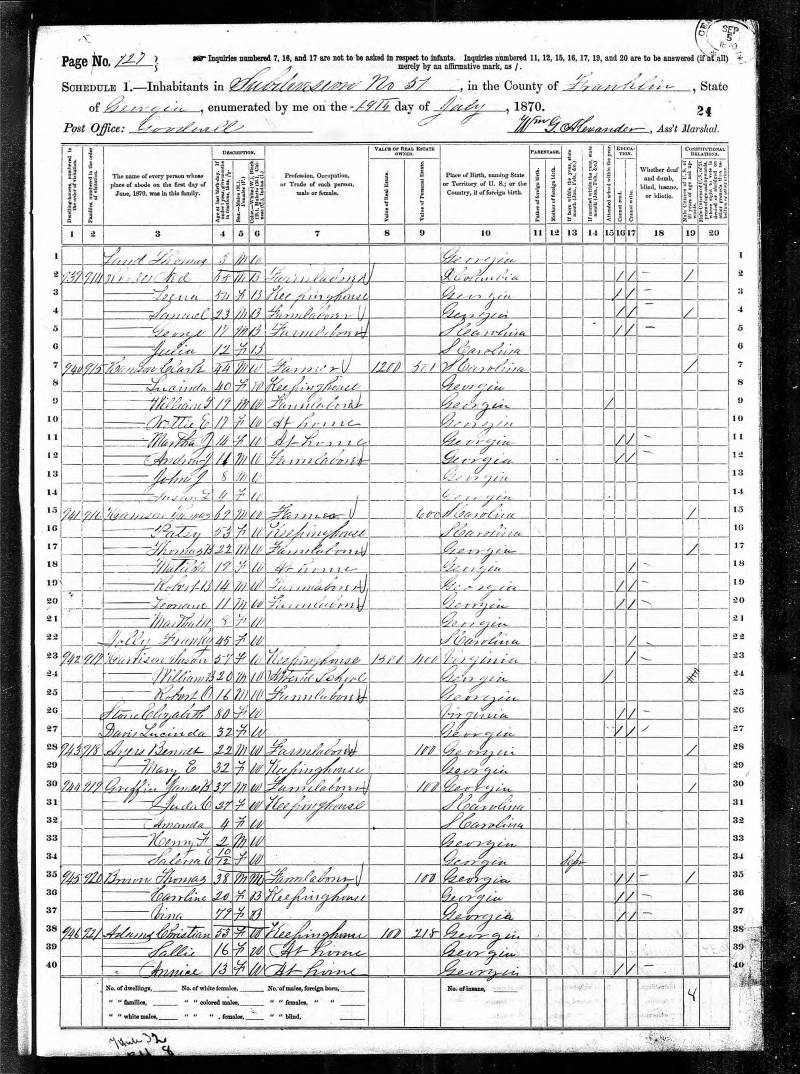 1870 U.S. Census. Christian Adams' family begins on line 38.
