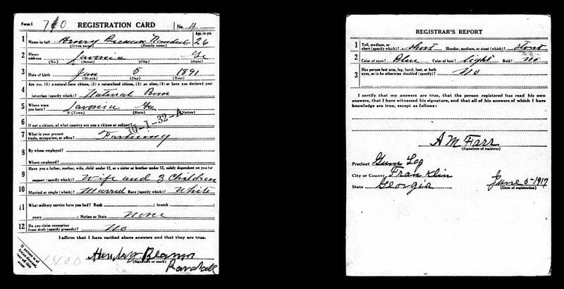 World War I Selective Service (draft) “Registration Card” for Henry Beaman Randall. Under the Selective Service Act, registration boards were re-structured as “local boards”. The “10-1-32-A” stamp simply means that the Provost Marshal General had designated that Franklin County “local board” as “10-1-32” with the “-A” indicating when the registration took place. Those with “-A” took place on June 5, 1917. Those with “-B” took place on August, 24, 1918. And those with “-C” took place on Sept. 12, 1918. Source Citation: Registration State: Georgia; Registration County: Franklin; Roll: 1557066.