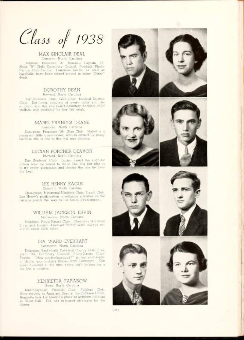 Lucian Porcher Deavor (Right column, 2nd row); Senior photo from 1938 Brevard College yearbook of Brevard, NC. Available online at http://www.archive.org/details/pertelote1938brev.