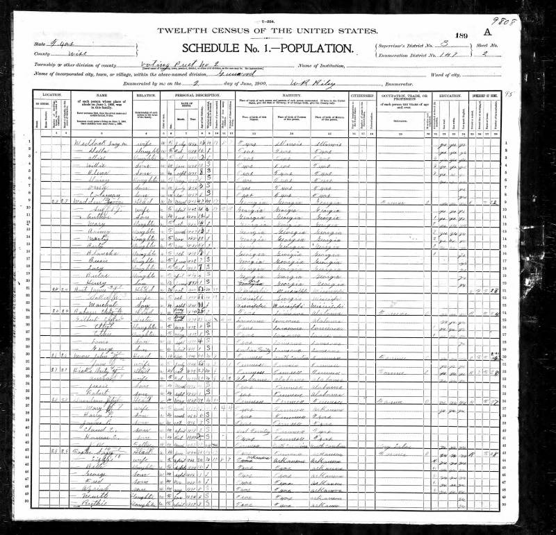 1900 U.S. Census. Jeremiah Gose (Jerry) Madden's family begins on line 9. Here the census taker recorded his name as "George".