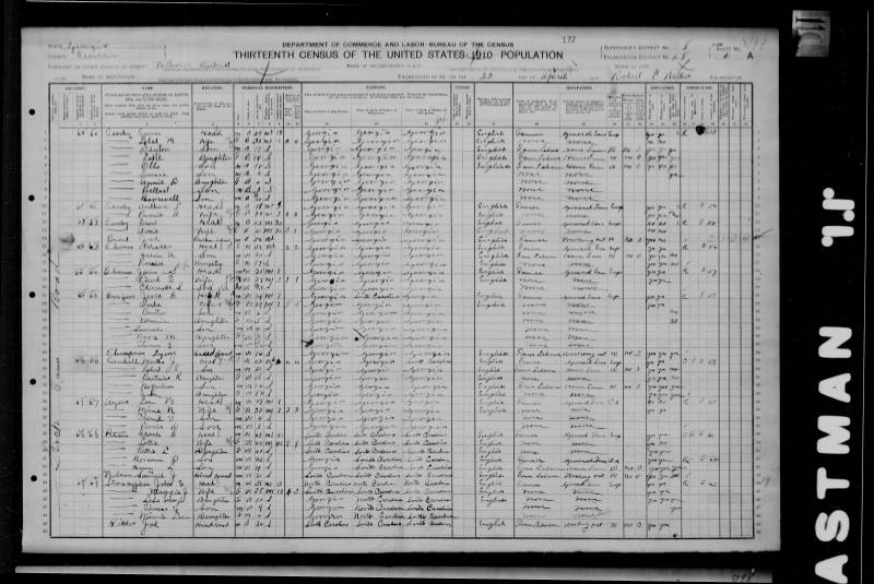 1910 U.S. Census. John W. Randall's family begins on line 29 with his widow, Martha Jane Randall.