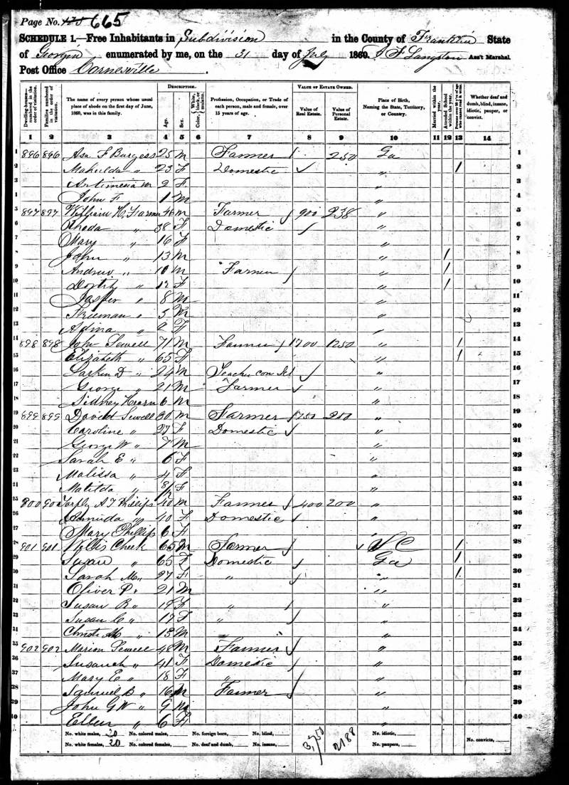1860 U.S. Census. David Sewell's family begins on line 19. Note that David Sewell was neighbors with John Sewell.