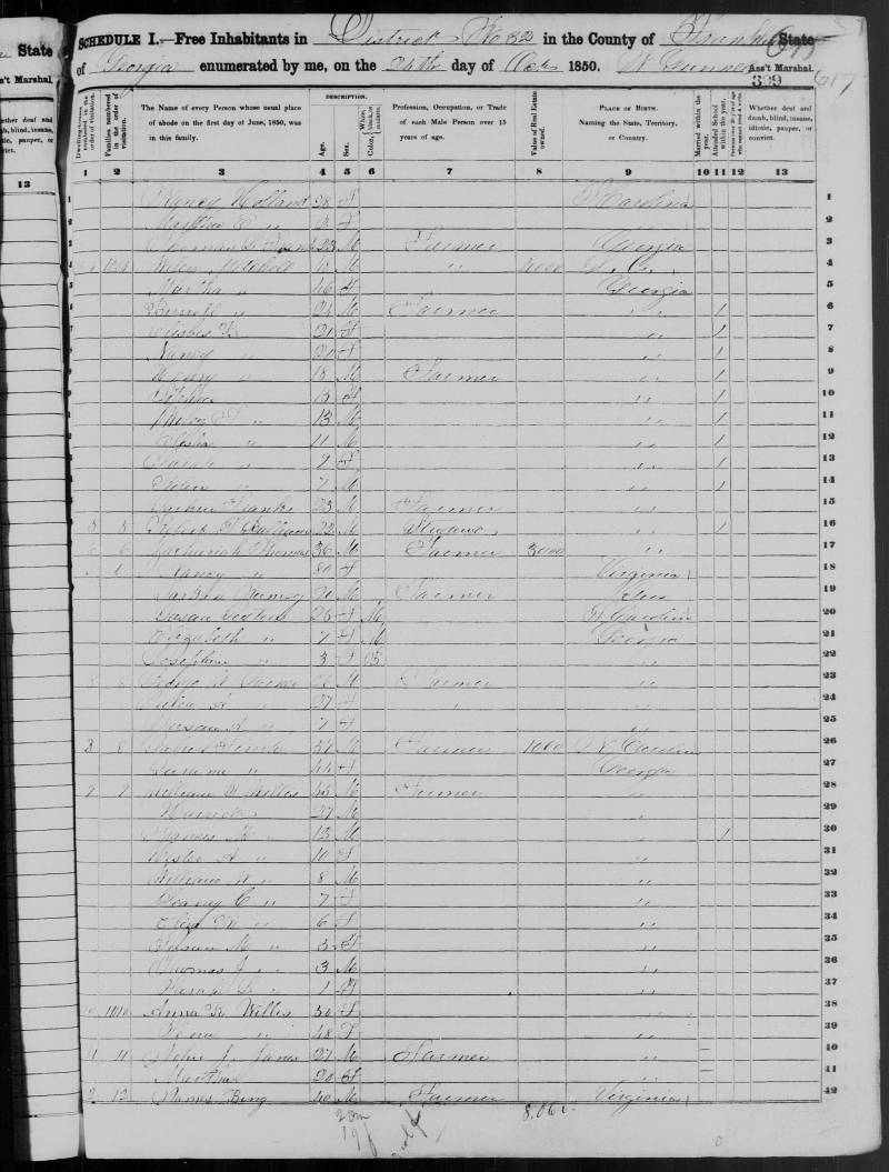 1850 United States Federal Census. Wiley Mitchell's family begins on line 4.
