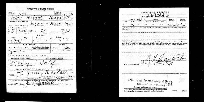 John Robert Randall's World War I draft "Registration Card".