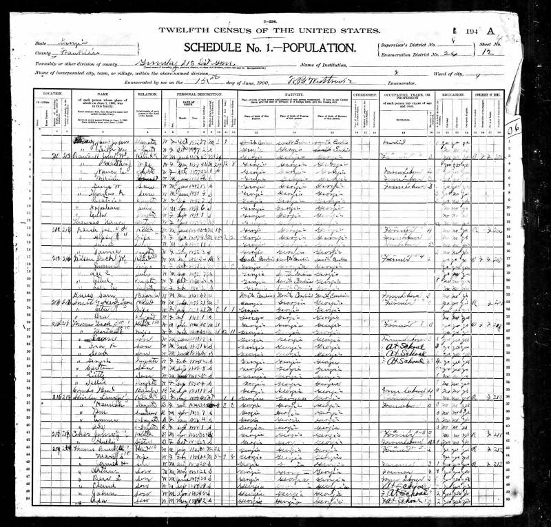 1900 U.S. Census. Zachariah D. Thomas' family begins on line 26.