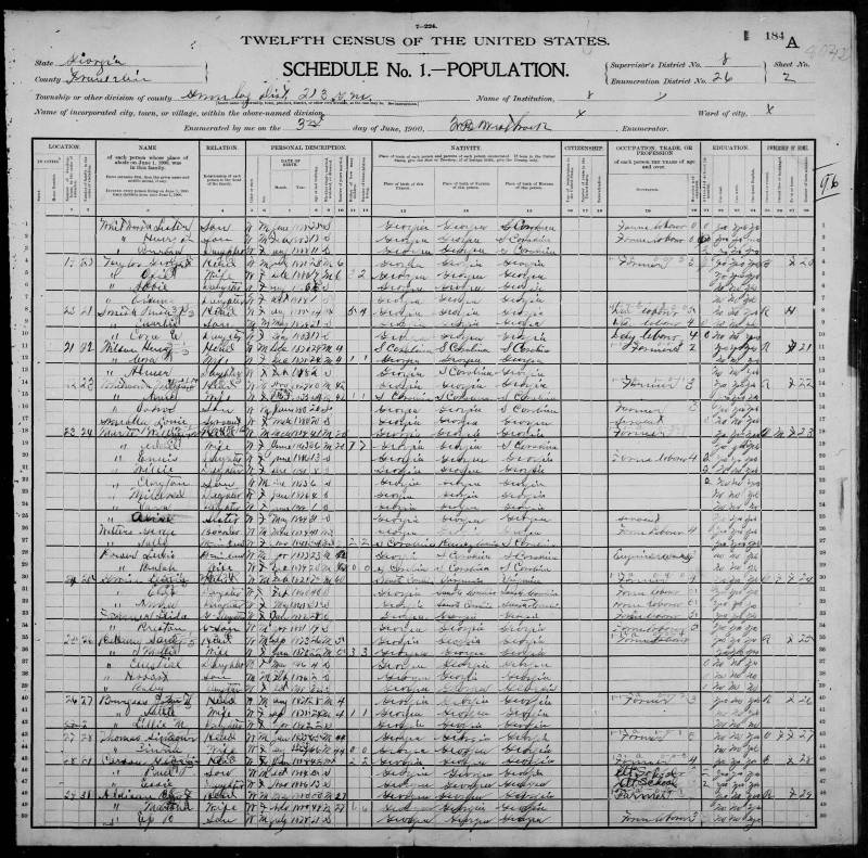 "1900 United States Federal Census". Joseph W. Maret's family begins on line 18.