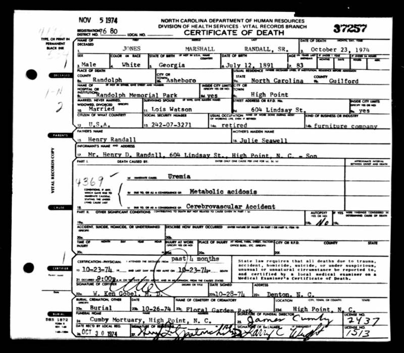 
Jones Marshall Randall, Sr. died on Oct. 23, 1974 from kidney failure.(( North Carolina State Board of Health, Bureau of Vital Statistics. North Carolina Death Certificates. Microfilm S.123. Rolls 19-242, 280, 313-682, 1040-1297. North Carolina State Archives, Raleigh, North Carolina.))