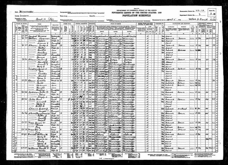 1930 U.S. Census. Newton Jasper Chunn's family begins on line 61. Notice that the family of George Chunn appears immediately before Newton Chunn's family. And the family of Cordelia Chunn is the second family after Newton Chunn's.