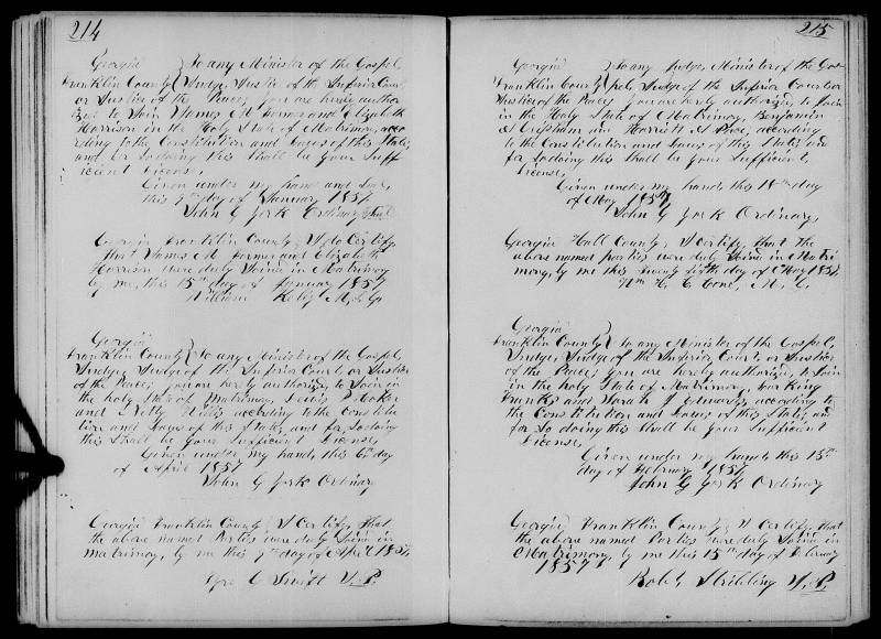 Marriage License for James M. Farmer and Elizabeth Harrison. Jan. 15 1857 (Top left page).\\ "Georgia, County Marriages, 1785-1950," database with images, FamilySearch (https://familysearch.org/ark:/61903/1:1:KXV7-QX7 : 22 December 2016), James M. Farmer and Elizabeth Harrison, 15 Jan 1857; citing Marriage, Franklin, Georgia, United States, county courthouses, Georgia; FHL microfilm 361,855.