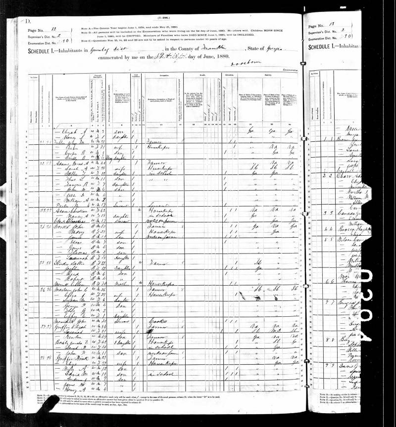 1880 U.S. Census. On this page, Thomas Clarke was living with the widow, Christian Adams, and is listed as a "servant" who is "working on farm". Thomas Clarke is listed on line 18.