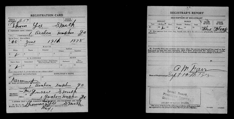 Lee Thomas Smith World War I Draft Registration card (dated Sept. 12, 1918). Source: "United States World War I Draft Registration Cards, 1917-1918," index and images, FamilySearch (https://familysearch.org/ark:/61903/1:1:KZZZ-Y44 : accessed 25 May 2015), Thom Lee Smith, 1917-1918; citing Franklin County, Georgia, United States, NARA microfilm publication M1509 (Washington D.C.: National Archives and Records Administration, n.d.); FHL microfilm 1,557,066.