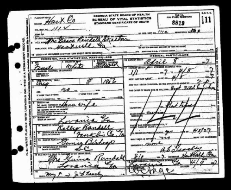 Death Certificate for Mattie Grace Randall-Skelton. Cause of death: Post Partal Complications.