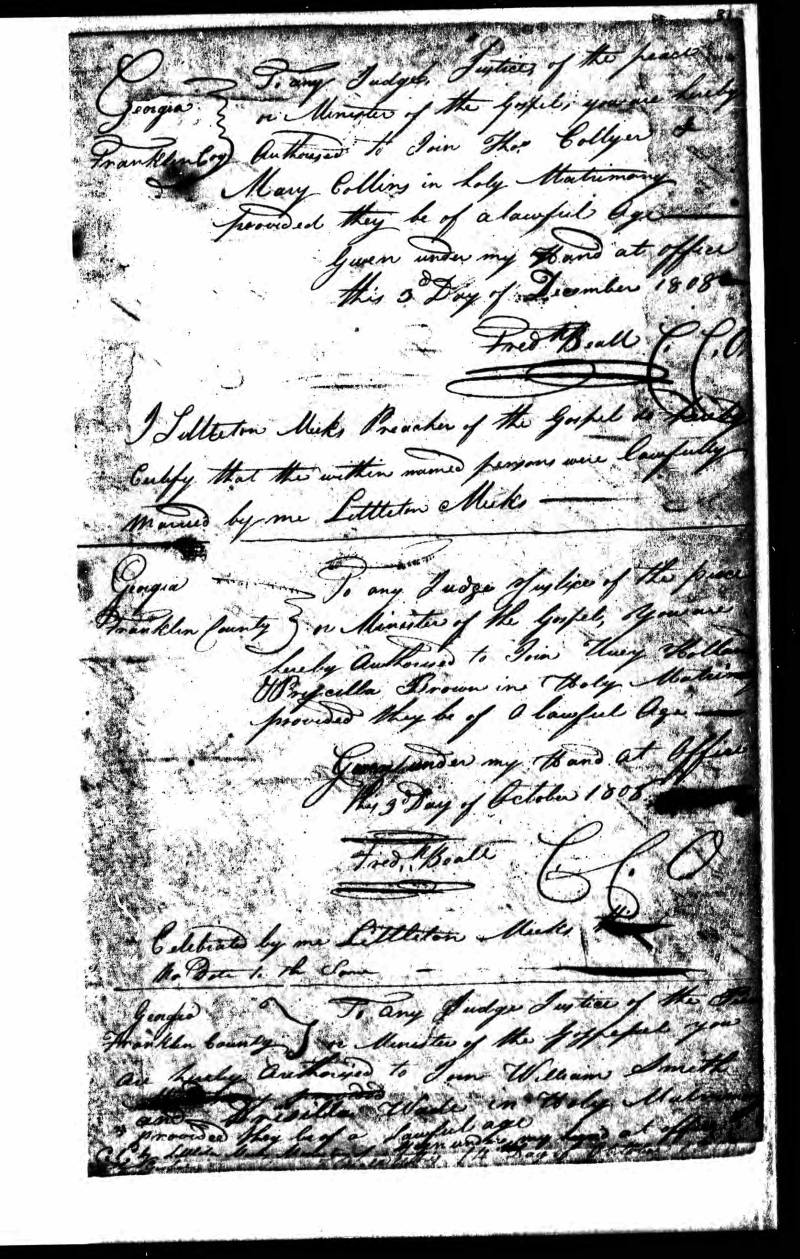 Marriage License for Thom Collyer and Mary Collins (the first entry at top of page).