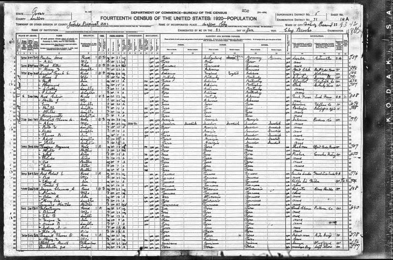 1920 U.S. Census - Thomas Doomas Randall's family begins at line
