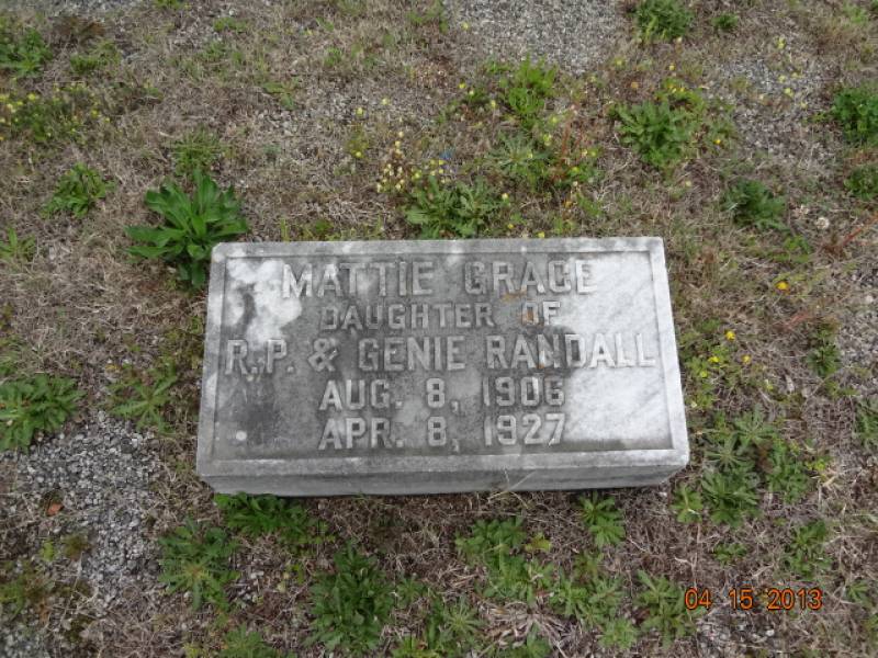 Tombstone inscribed: "Mattie Grace. Daughter of R.P. and Genie Randall. AUG. 8, 1906 - APR. 8, 1927"