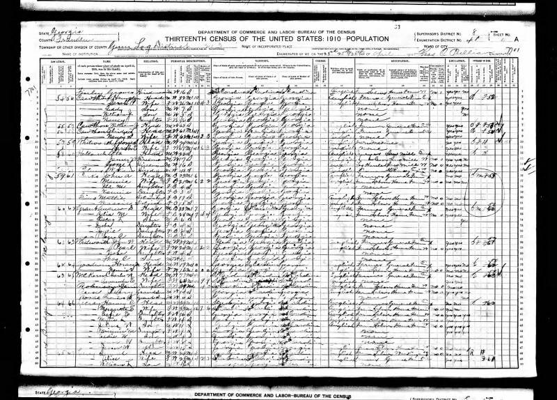 1910 U.S. Census. Wade Hampton "Hamp" Cawthon's family begins on line 