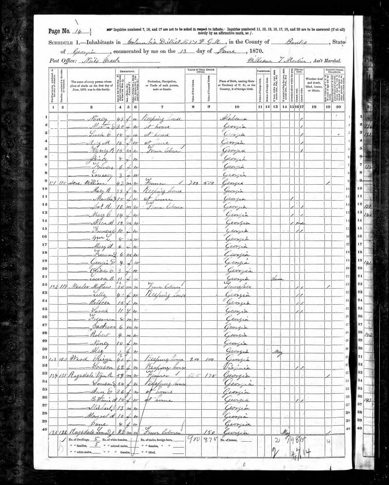 1870 U.S. Census. Mathew Mealer's family begins on line 22.