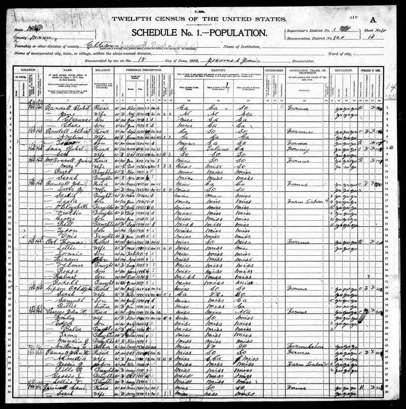 1900 U.S. Census. John Robert Randall's family begins on line 1.