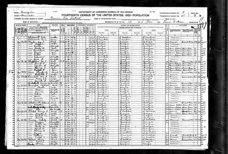 1920 U.S. Census. Ira Robert Randall's family begins on line 69. 1920 U.S. Census. Ira Robert Randall's family begins on line 69.